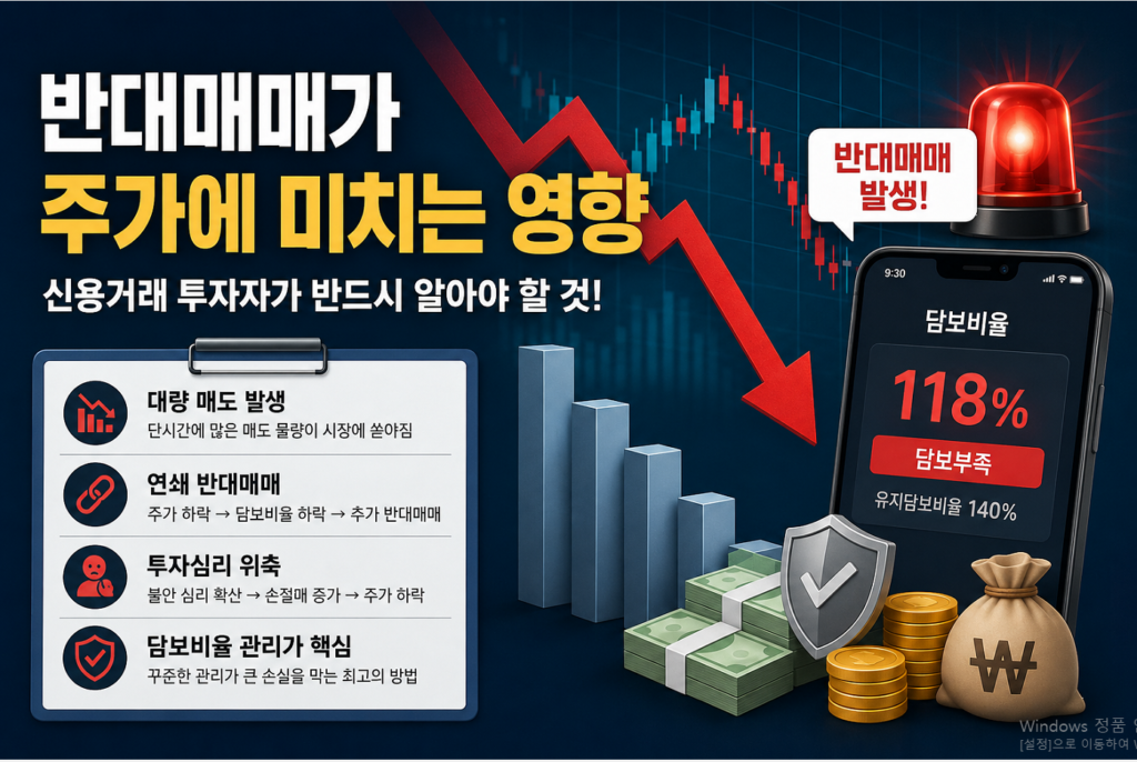 반대매매가 주가에 미치는 영향과 신용거래 투자자가 담보비율을 관리해야 하는 중요성을 시각적으로 설명하기 위한 대표 이미지
