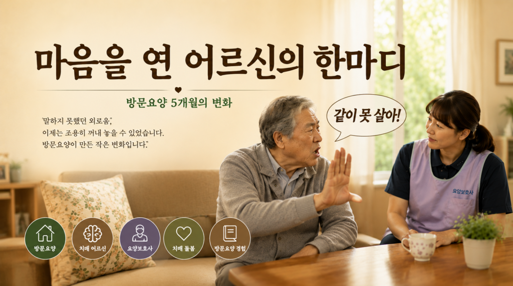 방문요양 중 치매 어르신이 배우자와의 오랜 상처를 이야기하며 '같이 못 살아!'라고 말하고, 요양보호사가 차분히 경청하는 모습