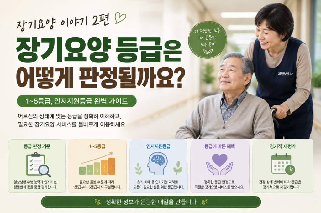 장기요양 등급 판정 기준을 설명하는 요양보호사와 휠체어를 이용하는 어르신 모습