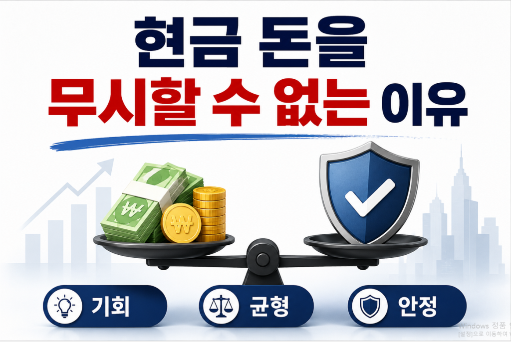현금의 중요성과 투자에서 균형 있는 자산 관리의 필요성을 설명하기 위한 이미지입니다.