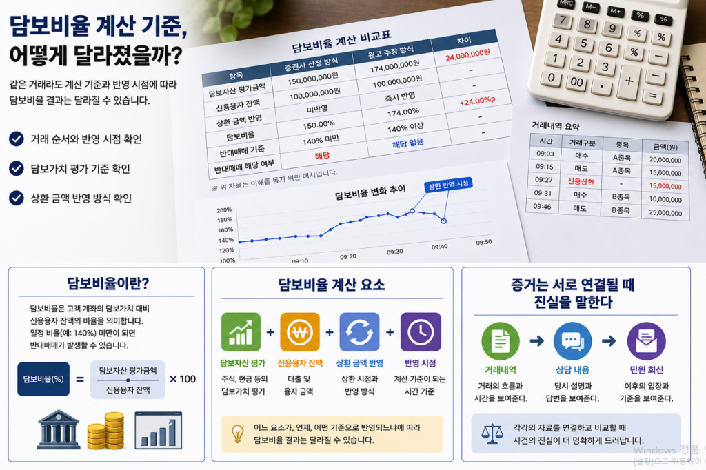 담보비율 계산 기준을 확인하며 거래내역을 비교 분석하는 장면